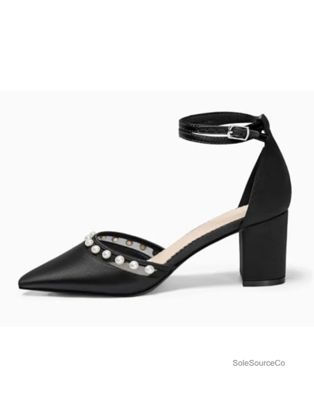 Pearl Embellished Satin Chunky Heel Pumps Pointed Toe Ankle Strap Wedding Shoes